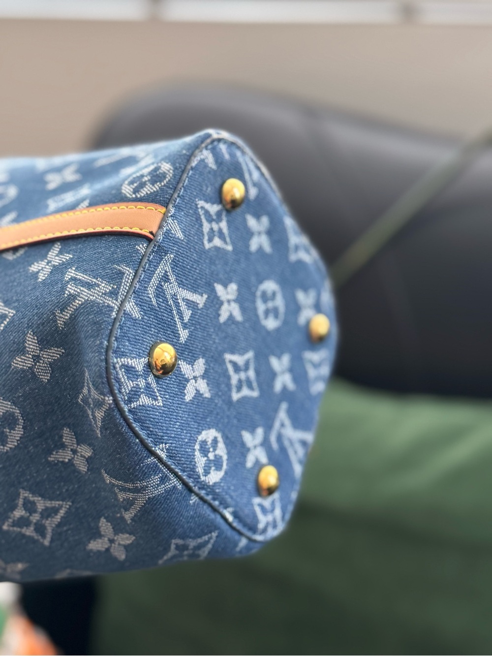 Luxury Inspired Blue Monogram Denim Tote with Tan Trim - Picture 4 of 4
